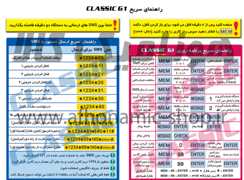 کاتالوگ و راهنمای سریع تلفن کننده سیمکارتی کلاسیک G1 هونامیک